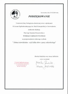 Podziękowania za organizację warsztatów dla uczniów szkół średnich. Kliknij, aby powiększyć zdjęcie.